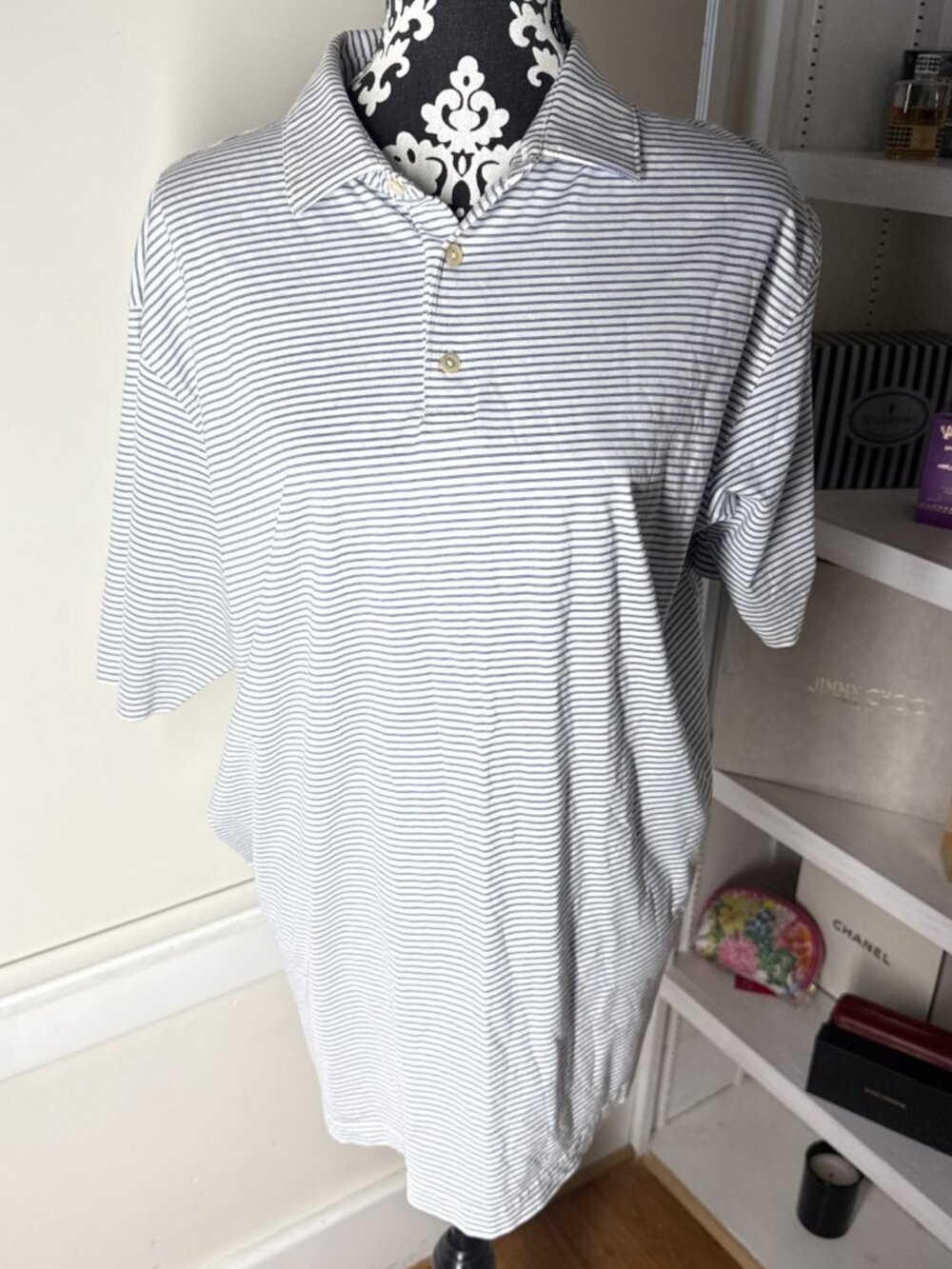 Peter Millar Polo Shirt Mens XLarge Blue & white Striped Performance Golf soft